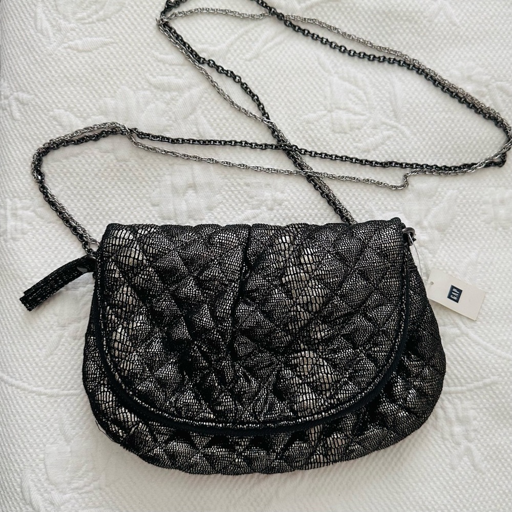 GAP Black Metallic Quilted Crossbody Bag with Chain Straps NWT